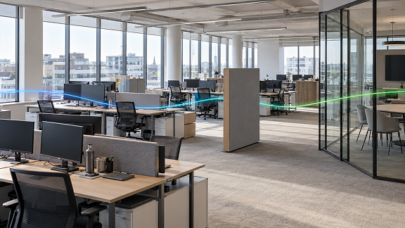 Modern open-plan office with connected workstations, illustrating enterprise network connectivity.