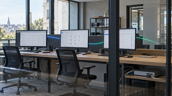 IT workstations displaying software dashboards in a modern office, illustrating network management and filtering database solutions.