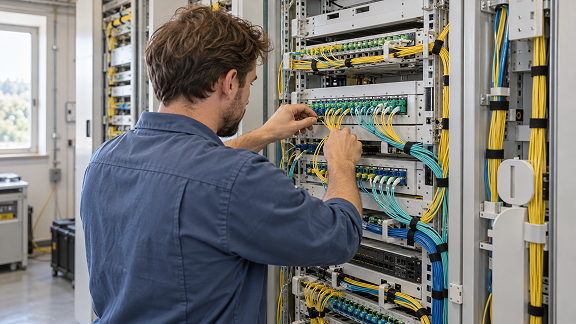 Technician connecting fiber optic cables in a telecommunications network rack.