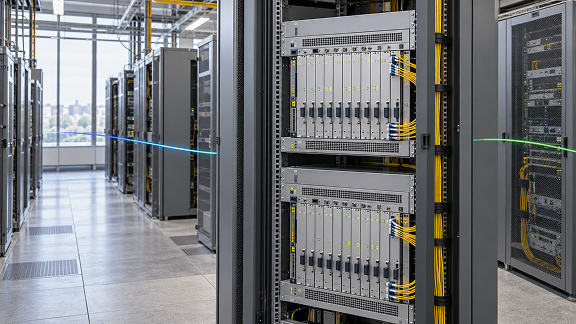 Telecommunications equipment racks with optical networking modules and fiber optic cables in a data center.