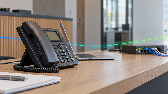 IP desk phone, laptop and network router on an office desk, illustrating integrated voice and data connectivity.