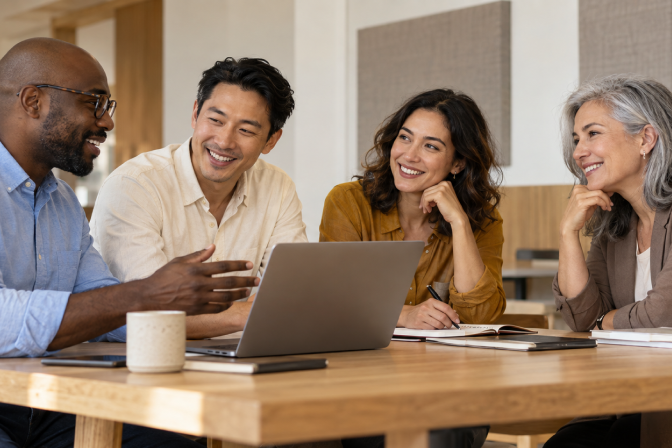 Ekinops team members collaborating and sharing ideas during a meeting in a modern office.